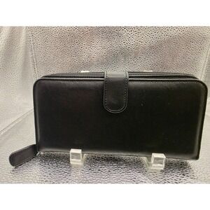 Talbots Black Leather Wallet Double Zippered Card Holder Coin Classic Organizer